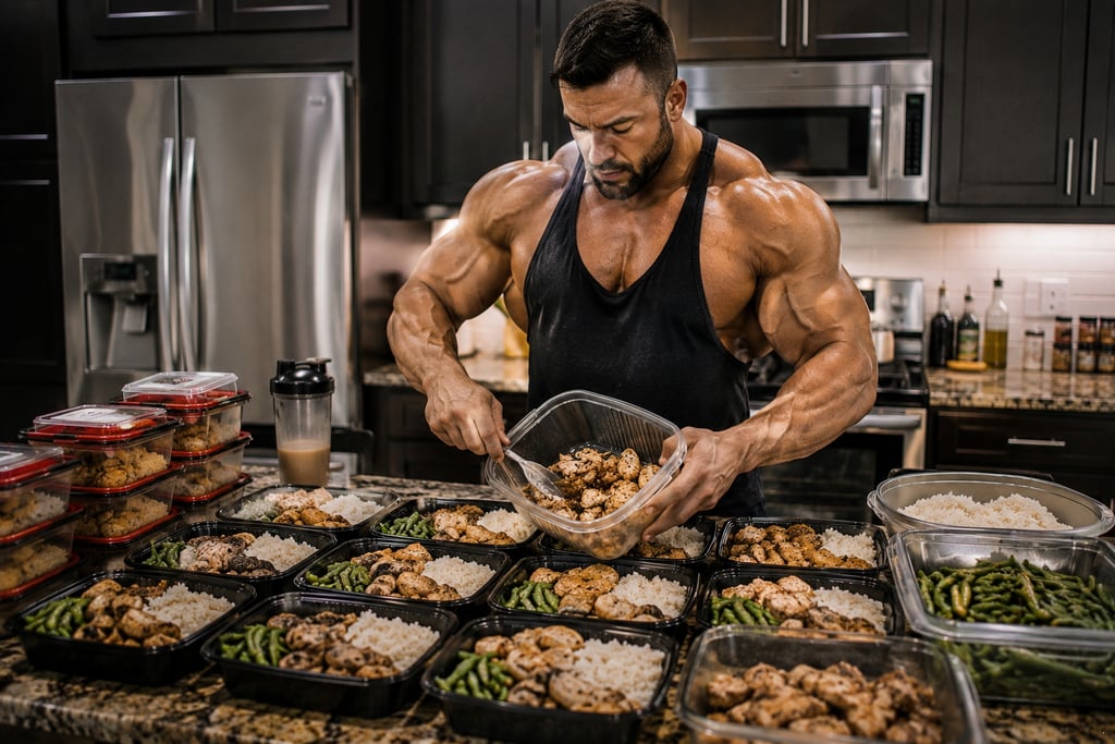 Muscular bodybuilder in a kitchen preparing healthy meal prep containers with chicken, rice, and green beans.