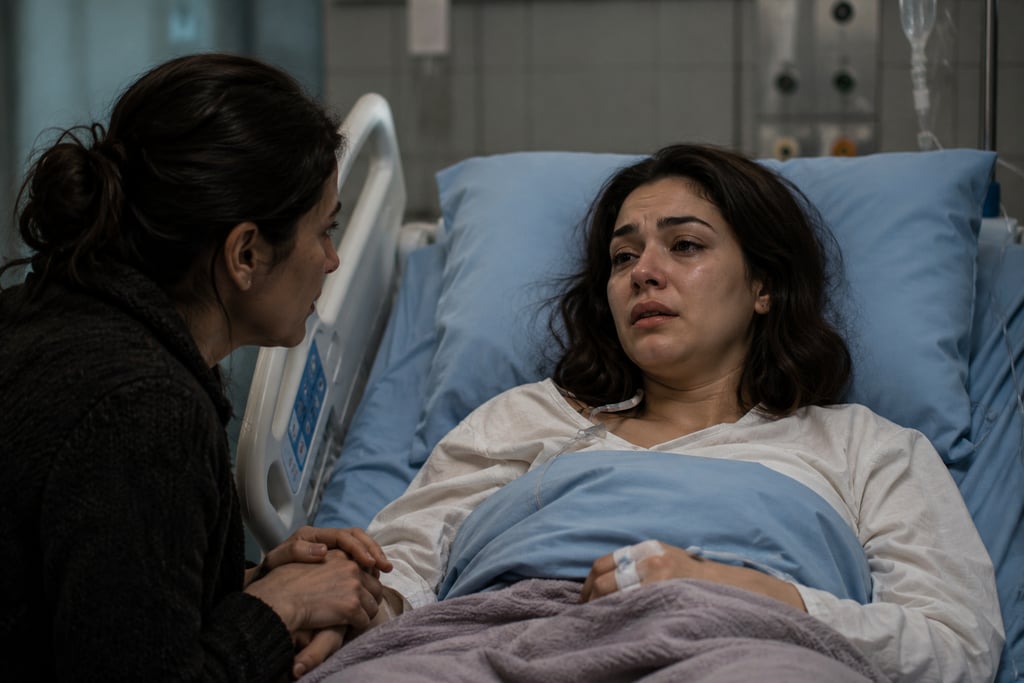 A crying patient in a hospital bed holding hands with a visitor in a medical room.