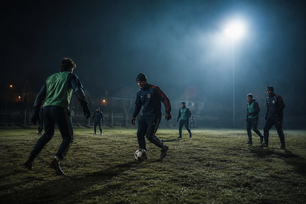 A group of football players in training gear practice soccer drills on a foggy field at night under bright stadium lights.