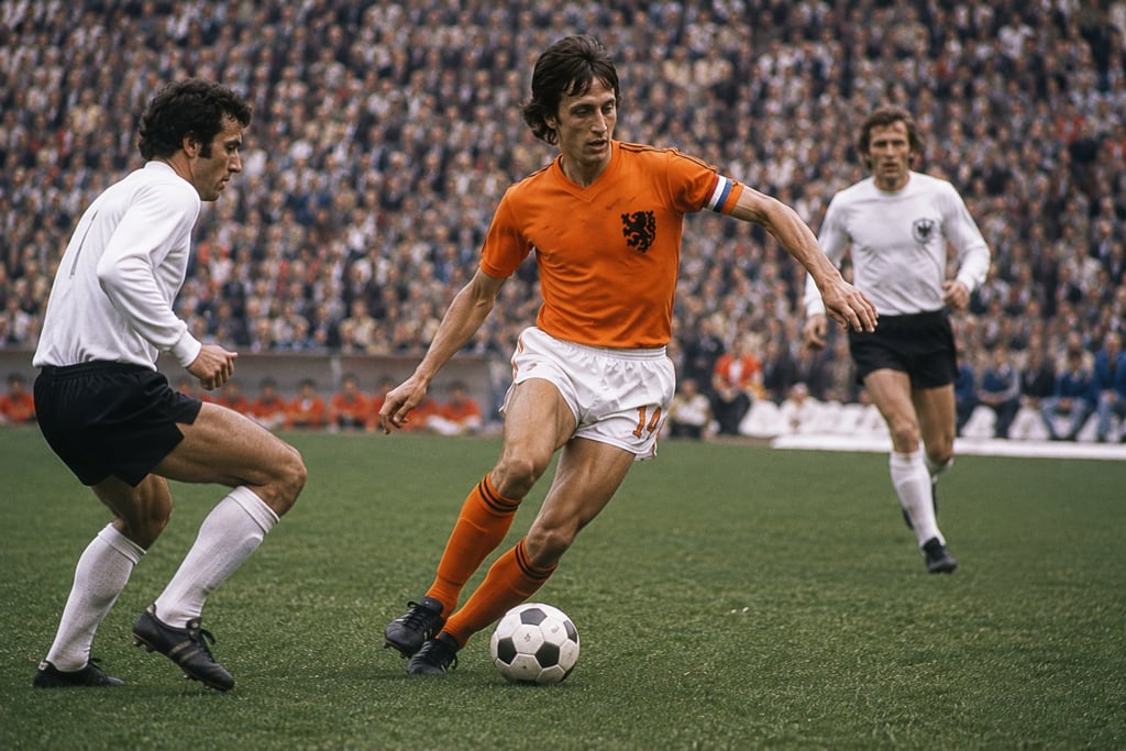 Johan Cruyff dribbling the ball for the Netherlands during a 1974 World Cup football match.