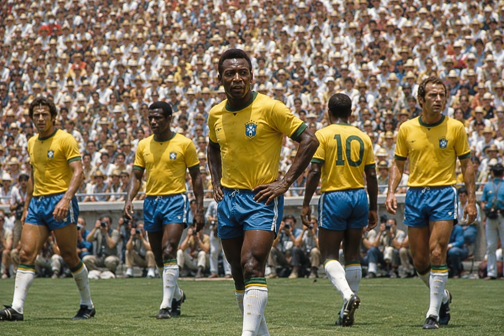 Pelé and Brazil national team players in yellow jerseys during a match in a crowded stadium.