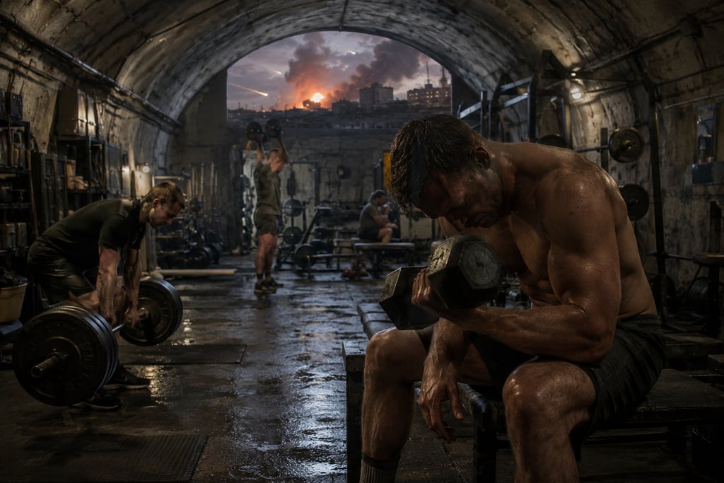 Muscular men training in a gritty underground gym bunker during an urban battle with explosions.