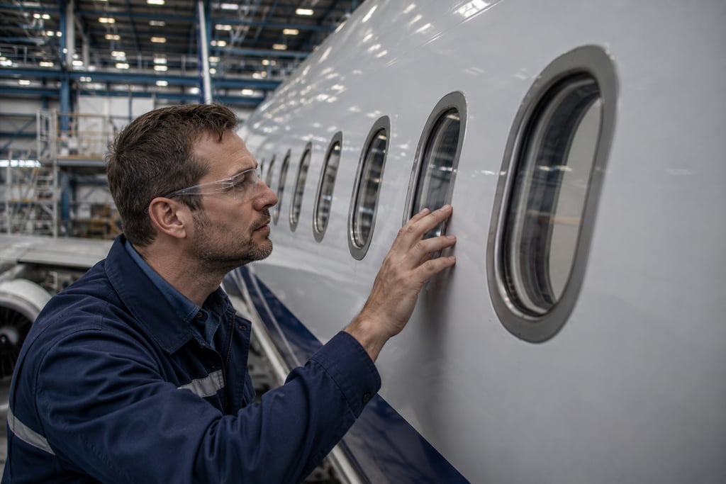 An aircraft technician inspects a plane window in a hangar for aerospace maintenance.