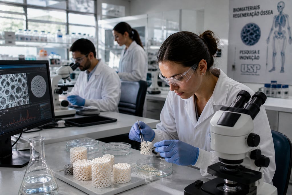 Scientists in a laboratory developing 3D printed biomaterials for bone regeneration and tissue engineering.