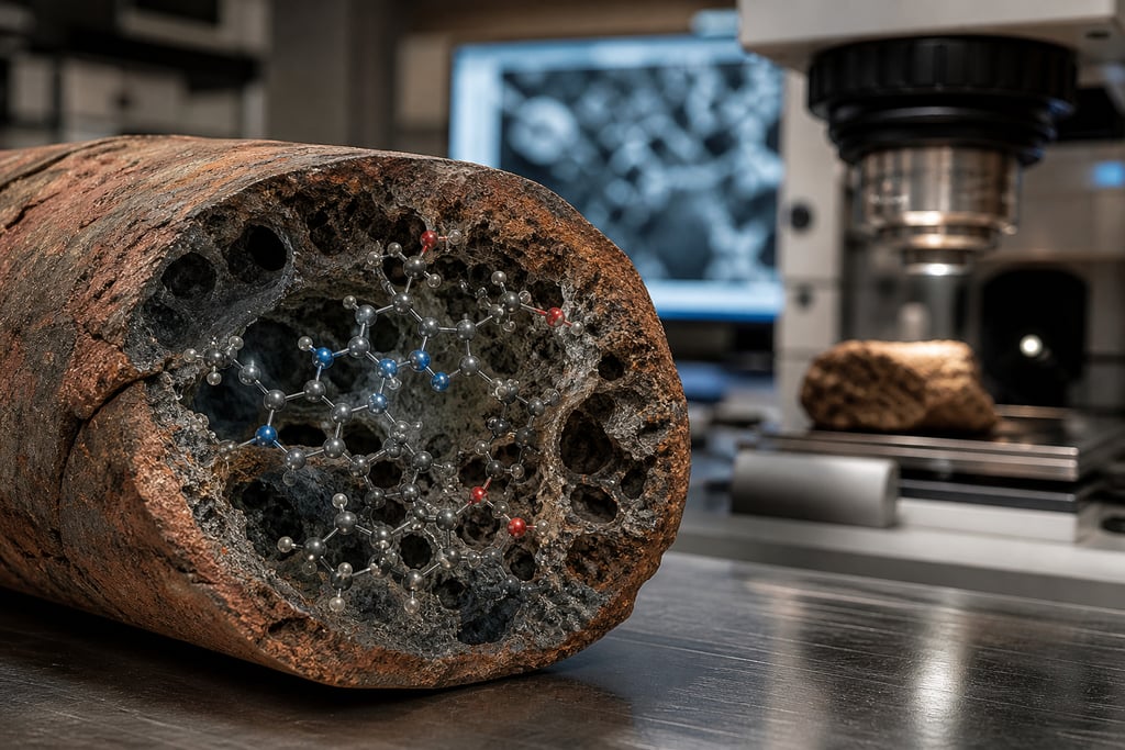 Close-up of a corroded metal pipe with an overlaid molecular model in a scientific laboratory setting.