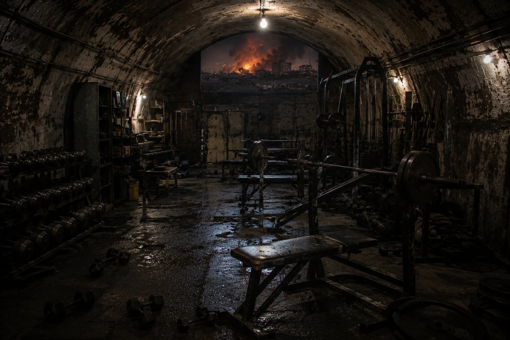 A gritty underground bomb shelter gym with weightlifting equipment and a view of a city on fire.
