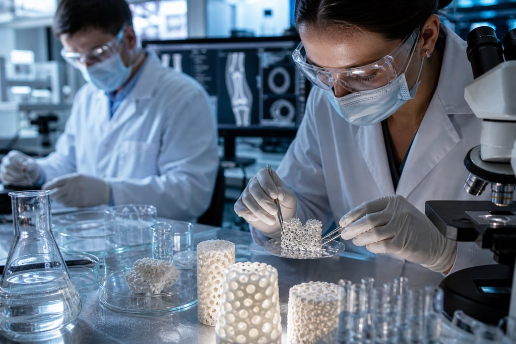 Medical researchers in a laboratory analyzing 3D printed bone scaffolds for regenerative medicine.