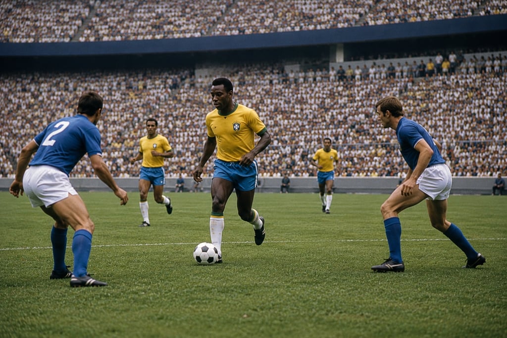 Pelé dribbling a soccer ball for Brazil against Italy in a crowded stadium match.