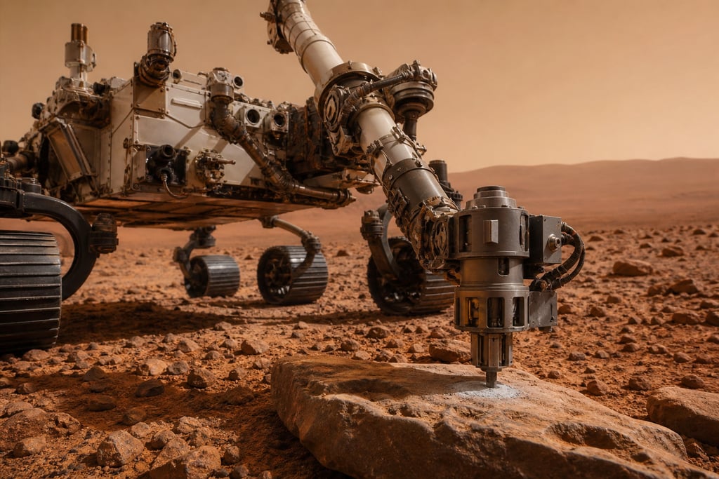 NASA Mars rover using a robotic arm drill to collect rock samples on the red planet surface.