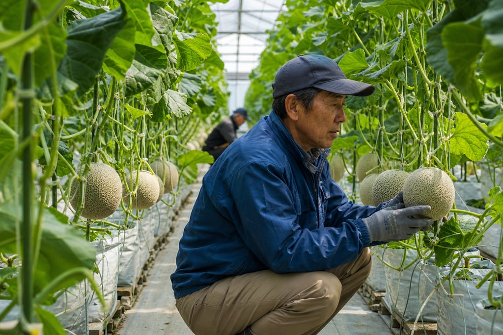Japanese farmer inspecting organic cantaloupe melons growing in a vertical greenhouse.