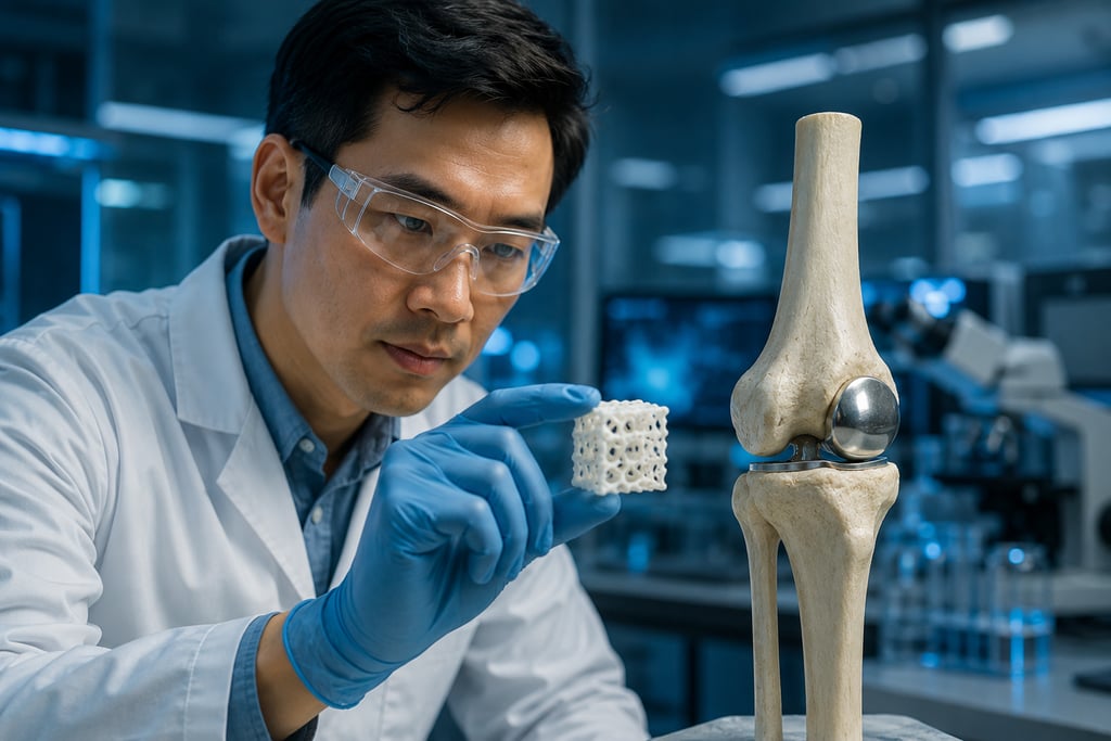A scientist examines a 3D-printed lattice structure next to a prosthetic knee joint model in a laboratory.