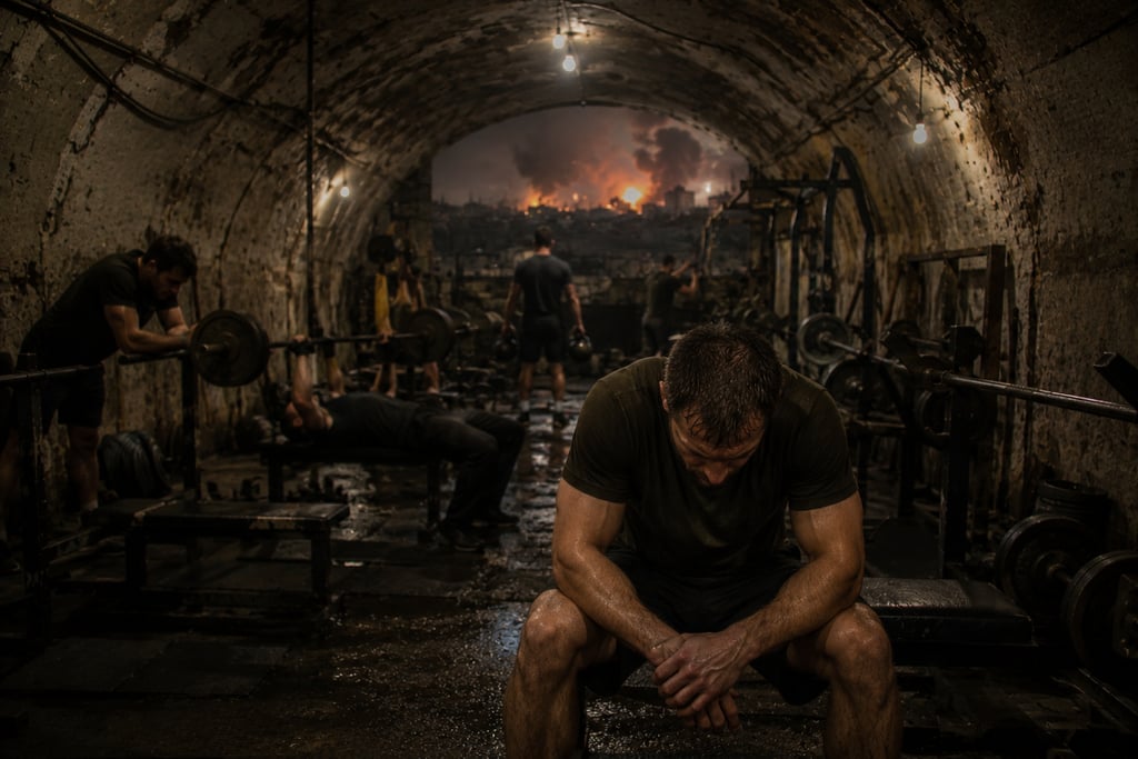 Men training in a dark underground gym with an explosion visible through the tunnel opening.