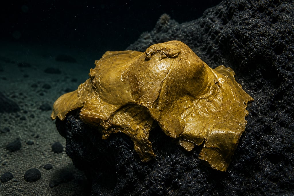 A shiny golden egg-like specimen found on the deep-sea floor attached to a dark rock.