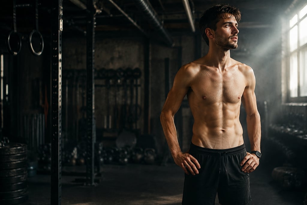 Shirtless muscular man with defined abs standing in a dark industrial gym during a fitness workout.