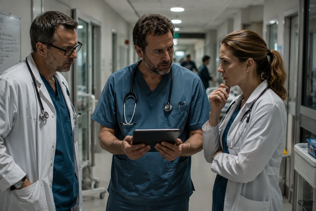 Medical team of doctors in scrubs and lab coats discussing patient data on a digital tablet in a hospital hallway.