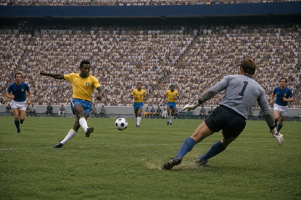 Pelé takes a shot on goal against a goalkeeper during a soccer match in a packed stadium.