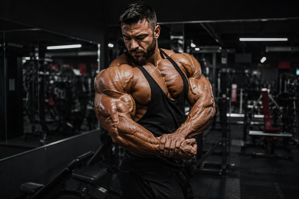 Muscular bodybuilder flexing biceps and chest muscles during a workout in a dark gym.