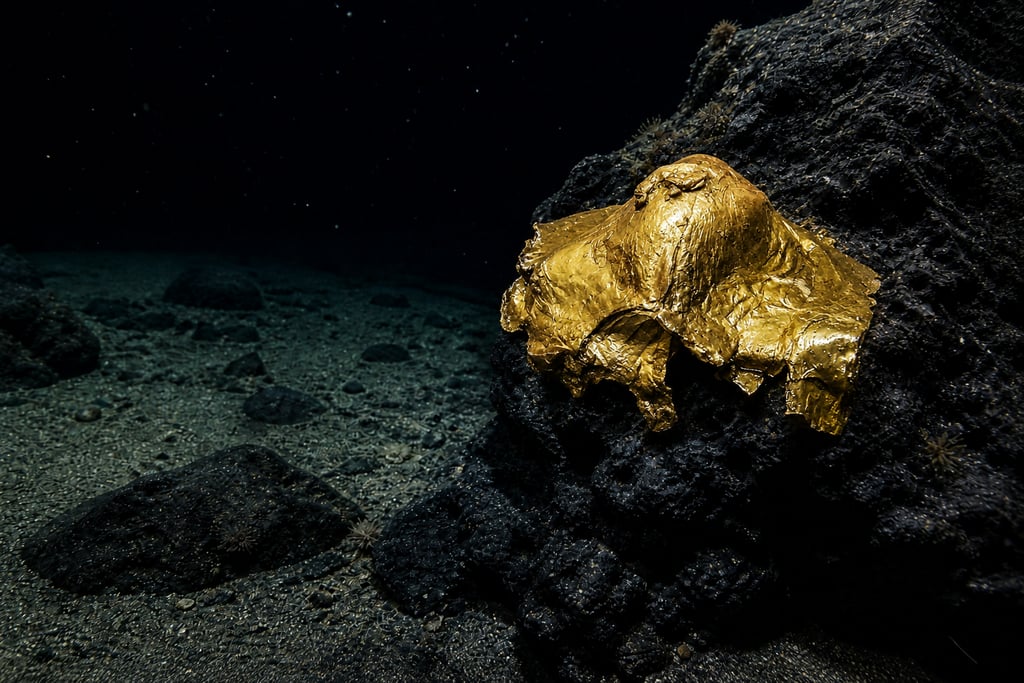 A shiny golden egg-shaped object attached to a dark underwater rock formation on the ocean floor.