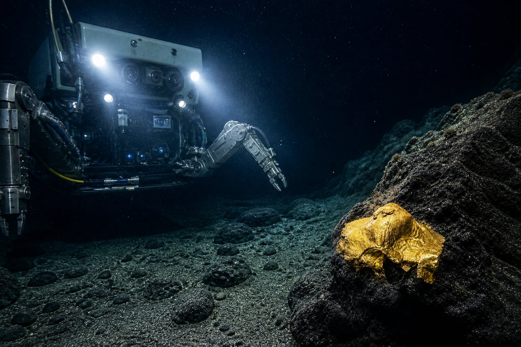 Underwater ROV robot exploring a golden specimen on the deep sea floor using robotic arms.