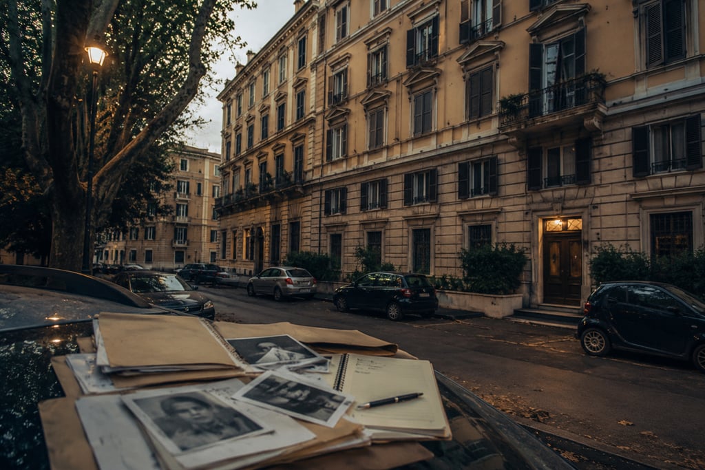 Vintage photos and a journal sit on a car in front of classic European city architecture at dusk.