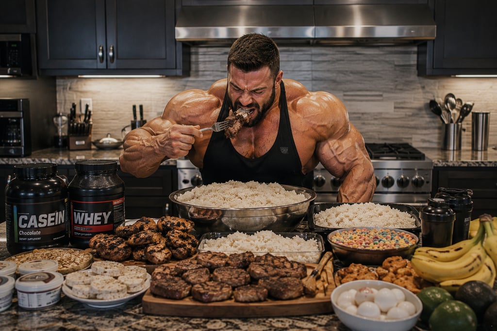 Muscular bodybuilder eating a high protein meal with chicken, rice, and whey supplements for muscle gain.