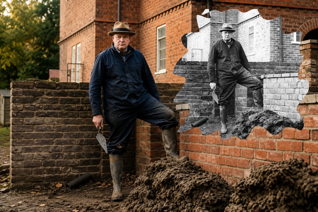 A modern bricklayer recreates a vintage historical photo of a man building a brick wall.