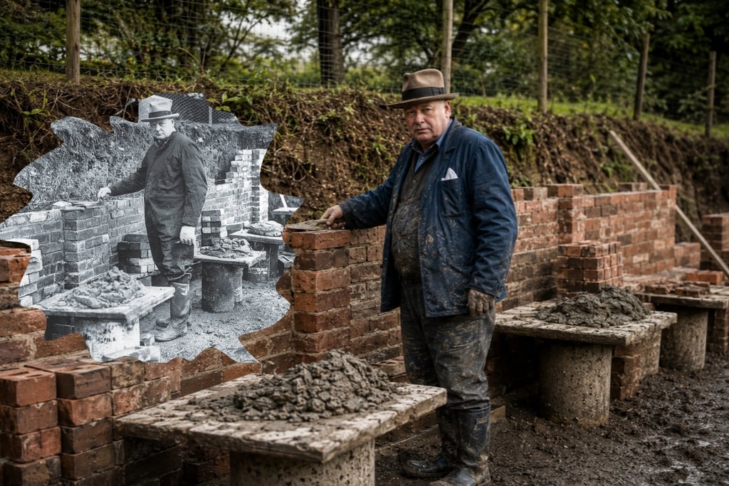 A modern man and a vintage photo of Winston Churchill laying bricks together at Chartwell.