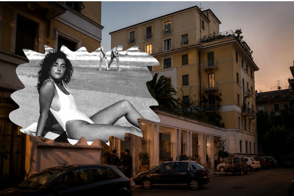 Vintage photo of a woman in a swimsuit overlaid on a street scene in Rome at dusk.