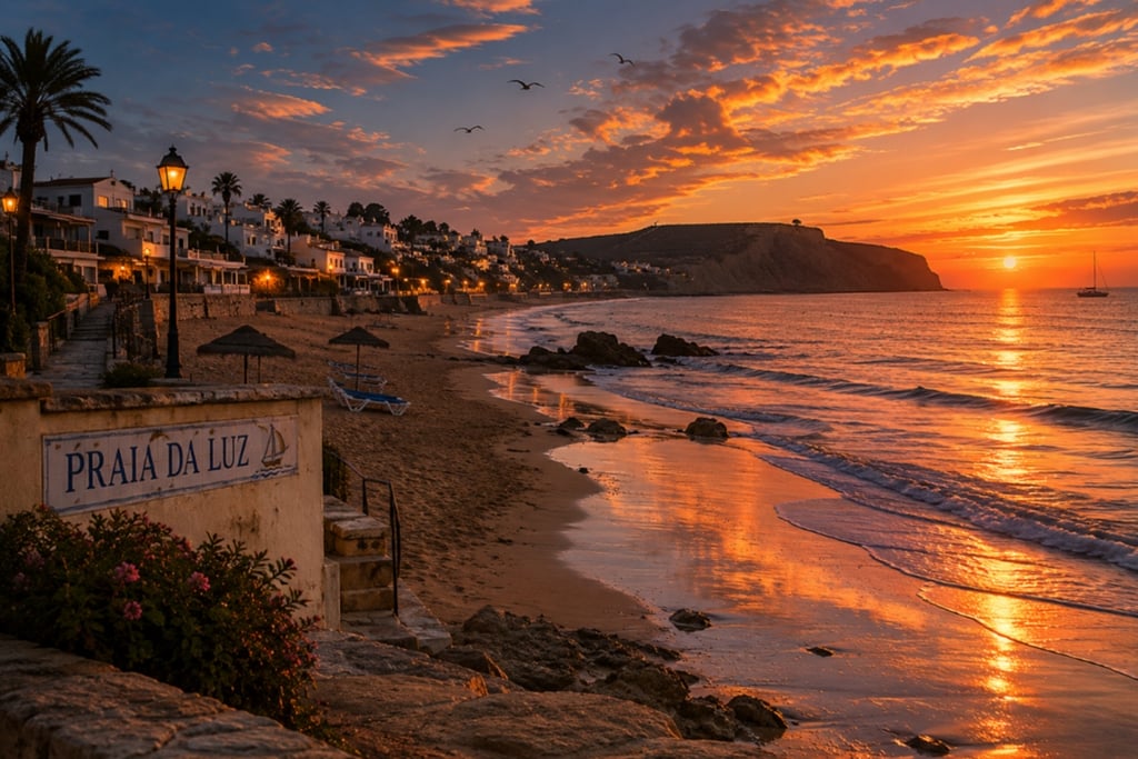 Golden sunset over Praia da Luz beach in Portugal with ocean waves and coastal village lights.
