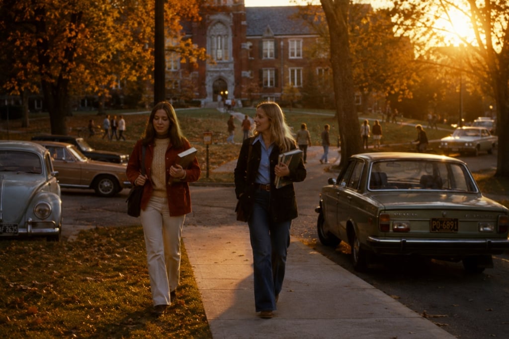Two college students walk on a university campus at sunset near vintage cars and brick buildings.