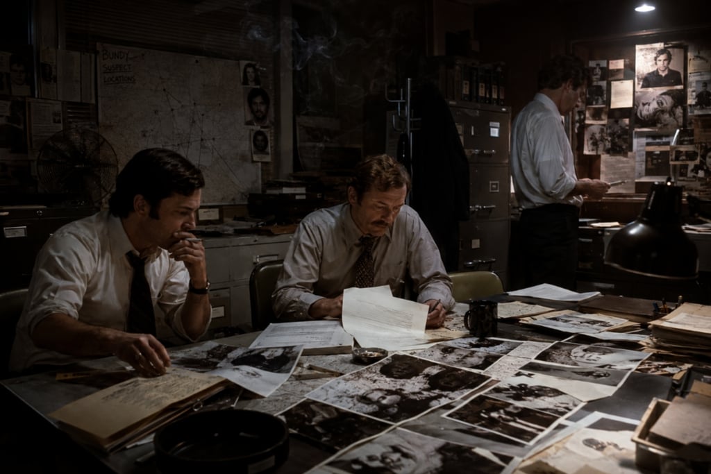 Detectives investigating crime scene photos and case files in a dimly lit 1970s police station office.