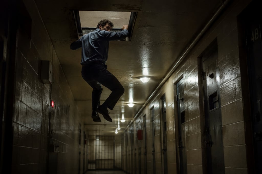 A man in a blue shirt climbs into a ceiling hatch in a dark, narrow prison hallway.