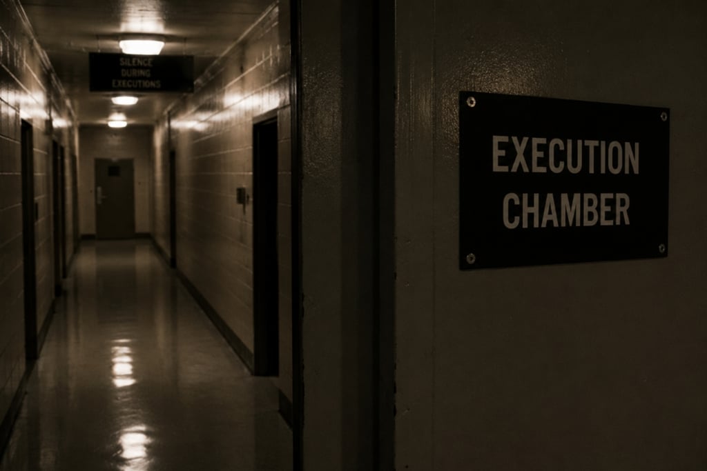 Dimly lit prison hallway leading to an execution chamber with a warning sign on the wall.