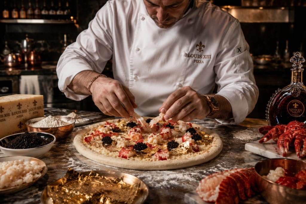 Professional chef garnishing a luxury Louis XIII pizza with lobster, caviar, and edible gold flakes.