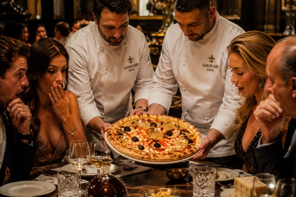Two professional chefs serving a gourmet Louis XIII pizza topped with caviar to amazed guests in a fine dining restaurant.