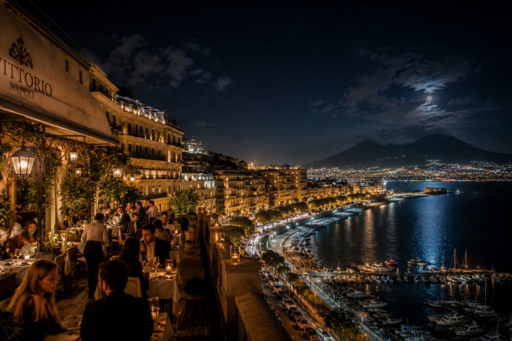 Elegant night dining on a terrace in Naples overlooking Mount Vesuvius and the illuminated coastline.