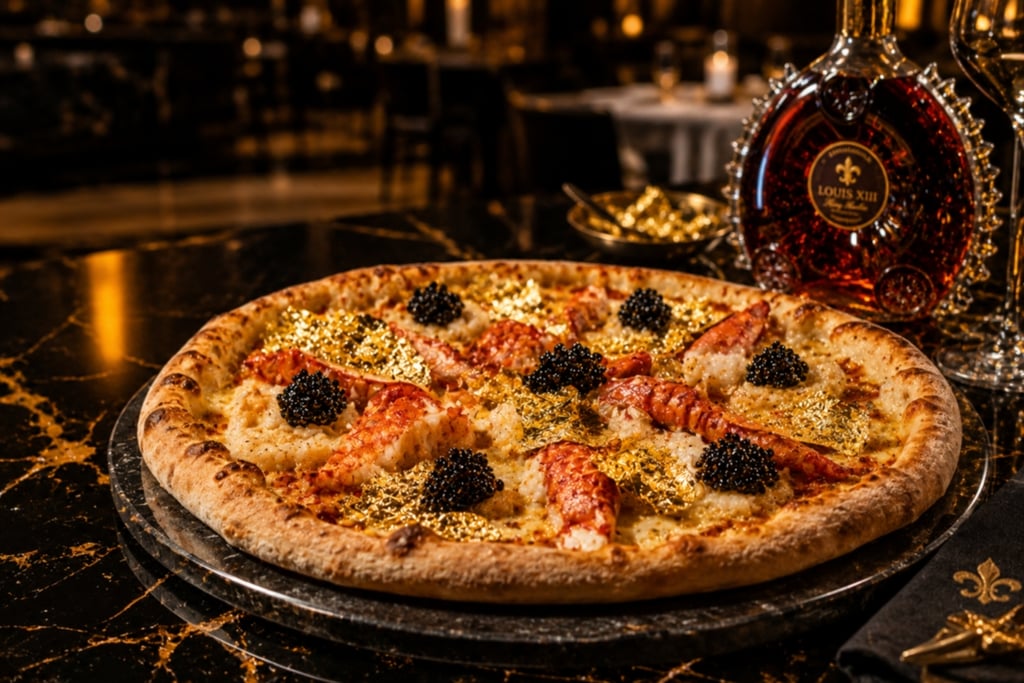 Luxury gourmet pizza topped with lobster tail, caviar, and edible gold leaf served with Louis XIII cognac.