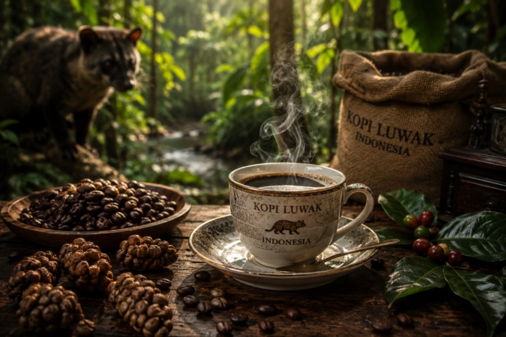 Steaming cup of Indonesian Kopi Luwak coffee in a jungle setting with an Asian palm civet and beans.