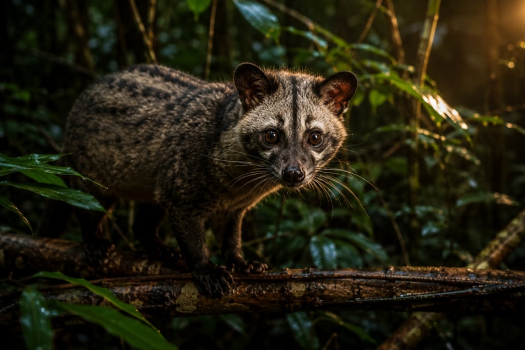A spotted Asian palm civet standing on a tree branch in a lush tropical rainforest at night.