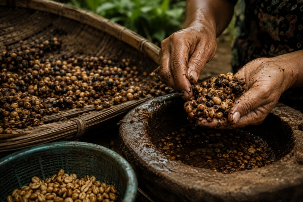 Close-up of hands processing raw coffee beans using a traditional stone mortar and pestle.