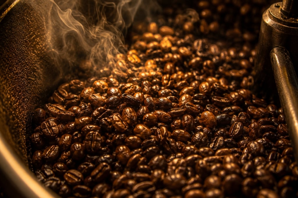 Freshly roasted dark coffee beans steaming inside an industrial roasting machine drum.