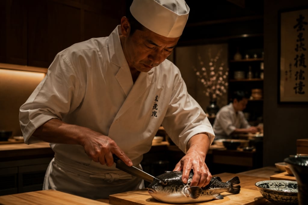 Professional Japanese sushi chef skillfully slicing a fresh fugu blowfish on a wooden cutting board.