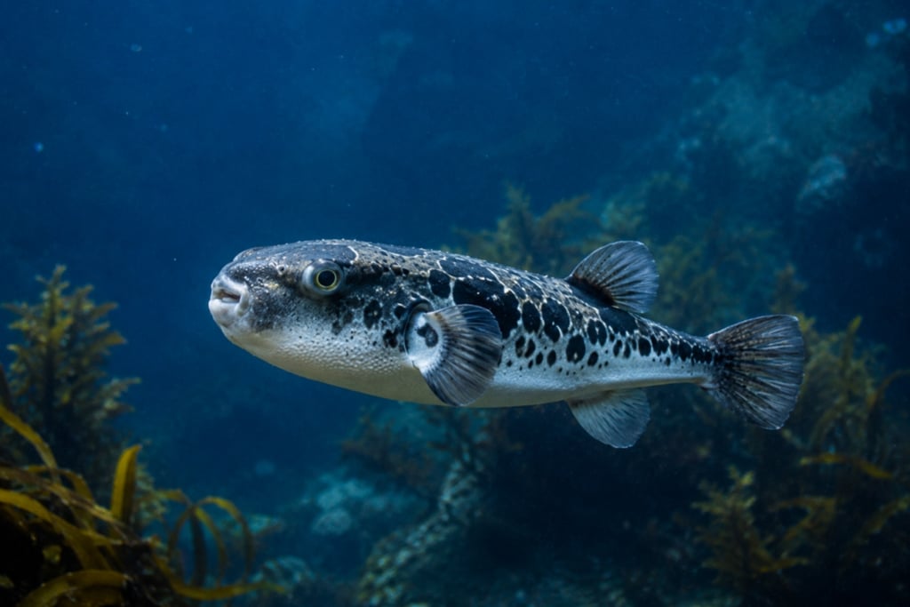 A spotted pufferfish swimming through deep blue ocean water near a coral reef.
