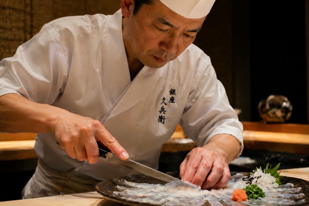 Professional Japanese sushi chef skillfully slicing fresh fish for sashimi at a restaurant.
