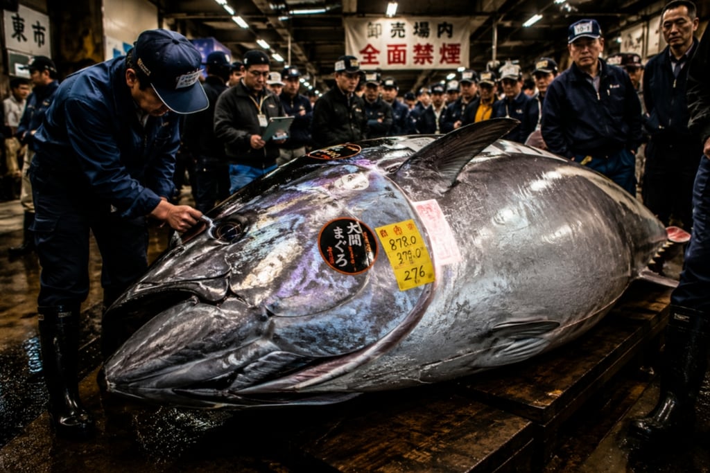 A massive bluefin tuna is inspected by workers at a busy Japanese fish market auction.