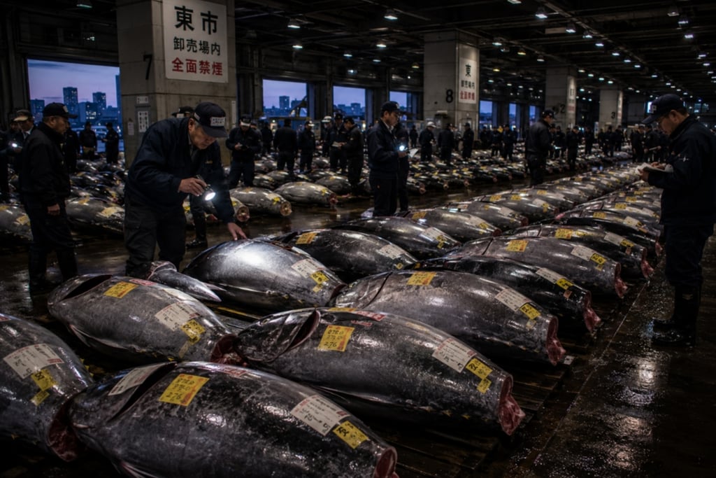 Wholesale buyers inspect large bluefin tuna at the Toyosu fish market in Tokyo during an early morning auction.
