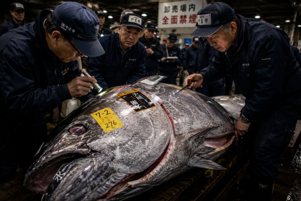 Professional fish buyers inspect a massive bluefin tuna at a Japanese wholesale seafood market auction.