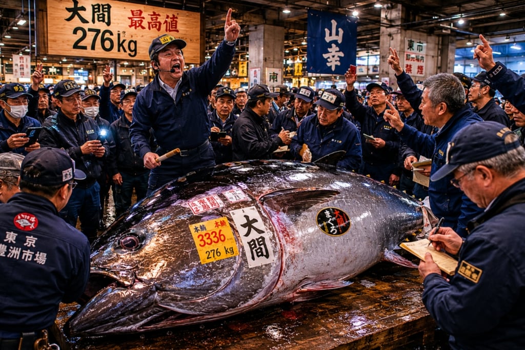 A giant bluefin tuna is auctioned at the Toyosu Fish Market in Tokyo, Japan, as bidders compete.