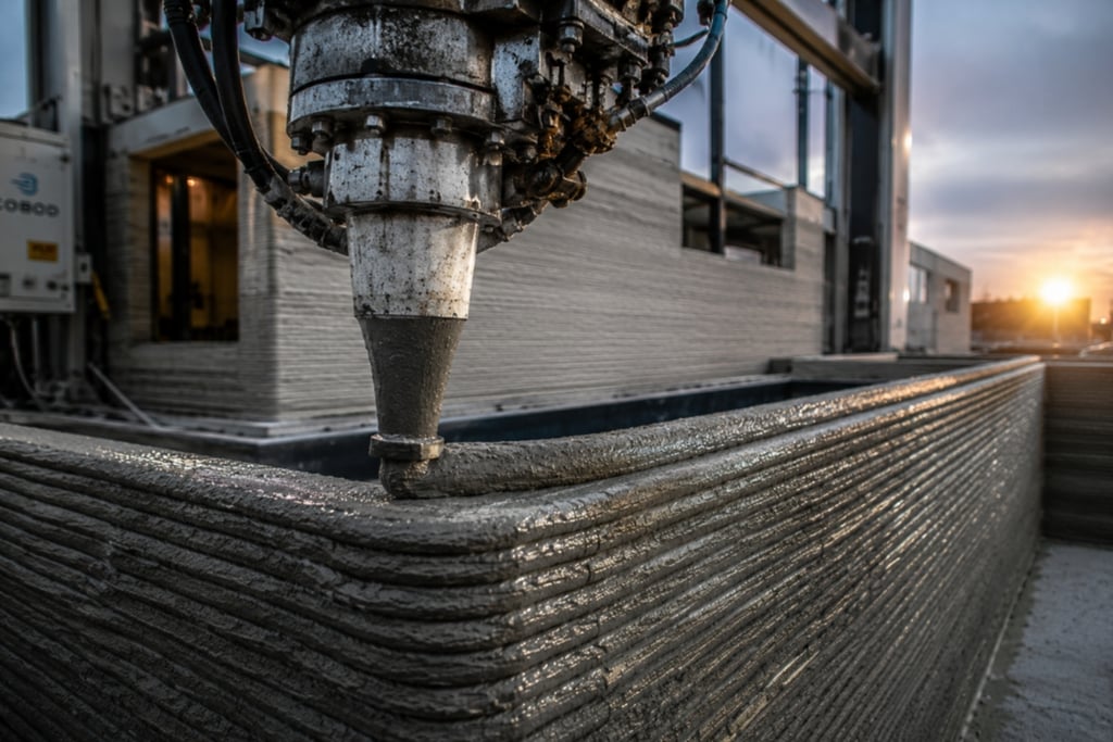Industrial 3D printer nozzle layering concrete to build a 3D printed house at sunset.