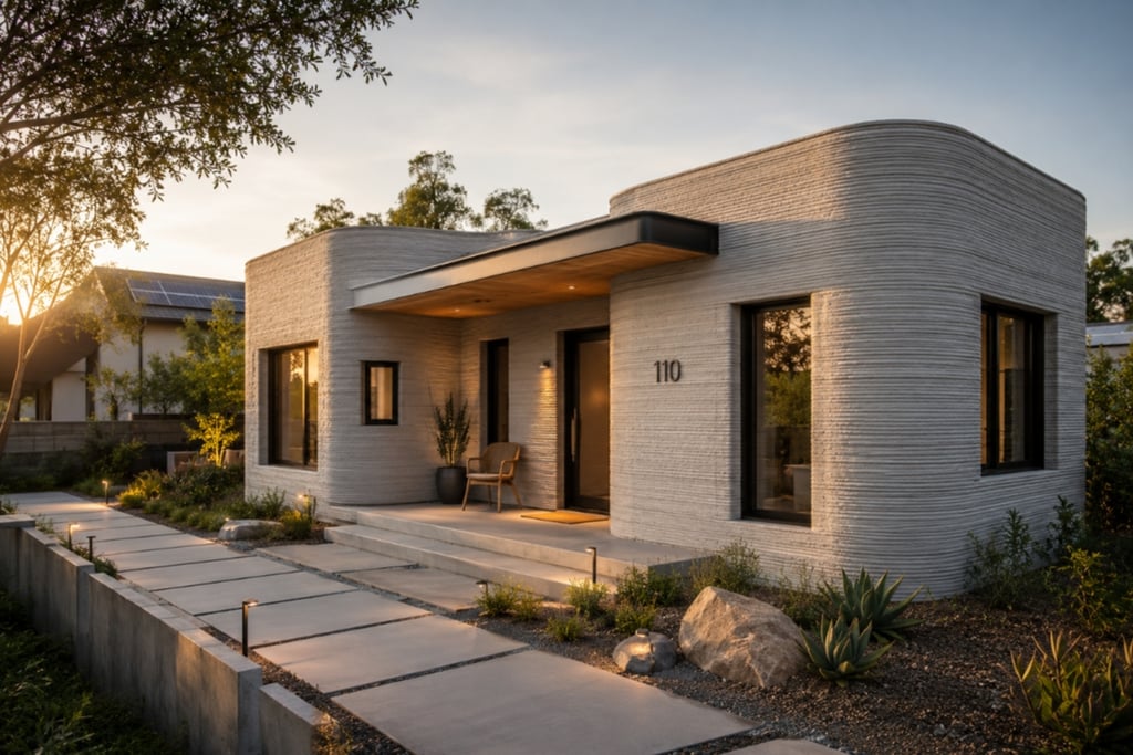 Modern 3D printed concrete house with curved walls and sustainable architecture at sunset.
